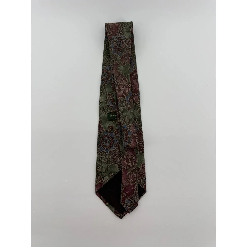 Graham & Lockwood London Mens Silk Tie Green Burgundy Paisley Floral Vintage UK